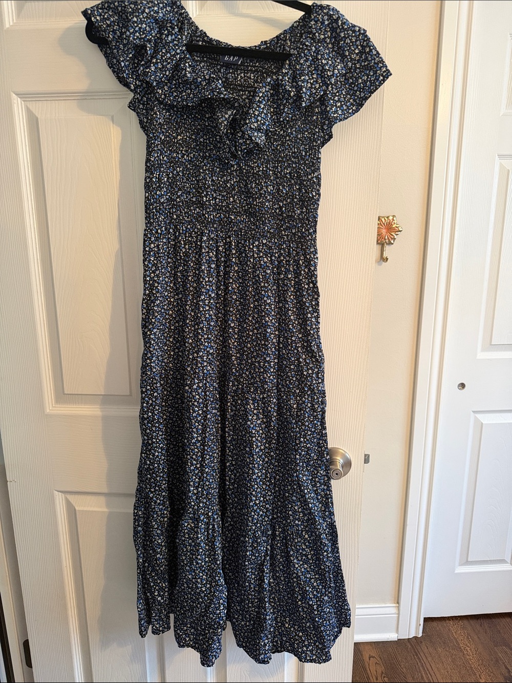 GAP Navy Blue Floral Maxi Dress with Ruffle Neckline